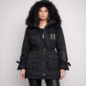 MO&Co Black Parka Coat Mouton Sheepskin Fur Hood Drawstring Waist Size S GUC